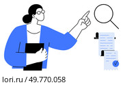 A business professional pointing at a search icon while holding a black folder. Nearby is a document with a checkmark. Ideal for business presentations, research, data analysis, education. Business Professional Pointing at Search Icon with Document. Стоковая иллюстрация, агентство Ingram Publishing / Фотобанк Лори