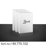 Three white books standing upright side by side on a dark reflective surface. Ideal for educational purposes, marketing campaigns, publishing industry, book cover designs, and branding. Clean modern. Minimalist 3D Representation of Blank Books with Simple Cover Design for Branding. Стоковая иллюстрация, агентство Ingram Publishing / Фотобанк Лори