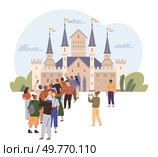 People standing in line to enter a large medieval castle with towers and flags. Ideal for travel content, historical themes, family outings, tourism guides, and educational materials. Flat design. Tourists Waiting to Enter a Castle A Day of Exploration and Adventure. Стоковая иллюстрация, агентство Ingram Publishing / Фотобанк Лори