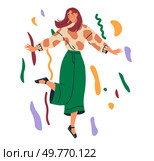 Celebration concept. Young woman with reddish-brown hair dances joyfully in a green skirt and patterned shirt amidst colorful abstract shapes. Ideal for party themes, holiday celebrations, festive. Joyful Dancing Woman Amidst Festive Decorations. Стоковая иллюстрация, агентство Ingram Publishing / Фотобанк Лори