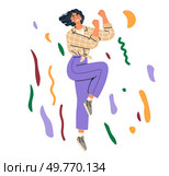 Celebration concept. Woman dancing energetically with colorful confetti around her, wearing a checkered shirt and purple pants. Ideal for parties, festivals, joyful events, lifestyle promotions. Joyful Dancing Woman with Confetti. Стоковая иллюстрация, агентство Ingram Publishing / Фотобанк Лори