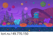 Strange creatures and plants in a colorful alien landscape. Planets and stars set against a surreal, vibrant sky. Ideal for fantasy, science fiction, gaming, childrens illustrations, and. Colorful Alien Landscape with Strange Creatures and Planets in a Vibrant, Fantasy World. Стоковая иллюстрация, агентство Ingram Publishing / Фотобанк Лори