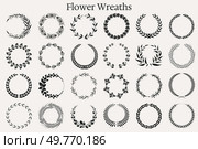 Twenty-five black and white floral wreath designs in various circular patterns. Ideal for crafting, wedding decorations, invitations, digital projects, and home d cor. Simple and elegant style. Floral Black and White Wreaths for Decorative Designs and Projects. Стоковая иллюстрация, агентство Ingram Publishing / Фотобанк Лори