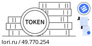 Digital tokens stacked with a prominent token labeled TOKEN in front are visible. Beside them, a circular blue logo and two contracts are seen. Ideal for blockchain, cryptocurrency, digital assets. Digital Tokens and Smart Contracts in Blockchain Technology. Стоковая иллюстрация, агентство Ingram Publishing / Фотобанк Лори