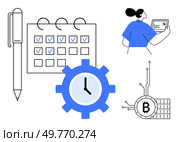 Pen and calendar with check marks, blue clock gear, person with laptop, and Bitcoin symbol. Ideal for productivity, time management, digital economy, cryptocurrency, and modern workspaces. Digital Productivity and Modern Technology in Workplace. Стоковая иллюстрация, агентство Ingram Publishing / Фотобанк Лори