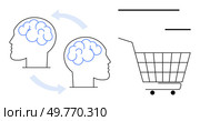 Two human heads with visible brains and arrows indicating exchange, alongside a shopping cart. Ideal for consumer behavior, decision-making, psychology, marketing, neuroeconomics. Simple line style. Human Brain and Shopping Cart with Arrows Representing Decision-Making and Consumer Behavior. Стоковая иллюстрация, агентство Ingram Publishing / Фотобанк Лори