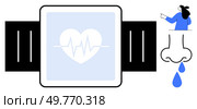 Smartwatch displaying a heart with an ECG line, a person sneezing or coughing, and a nose with drops. Ideal for health, technology, illness symptoms, fitness tracking, and smart devices. Modern, flat. Health Monitoring Smartwatch and Symptoms of Illness. Стоковая иллюстрация, агентство Ingram Publishing / Фотобанк Лори