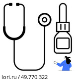 Stethoscope and dropper bottle next to a person pointing. Ideal for medical themes, healthcare promotion, wellness, hospital equipment, and patient care. Simple and modern style. Medical Tools with Stethoscope and Dropper and Pointing Person Emphasizing Healthcare. Стоковая иллюстрация, агентство Ingram Publishing / Фотобанк Лори