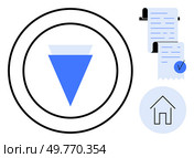 Blue triangle in concentric circles with a receipt and home icon suggests financial management. Ideal for organizations, finance, home budgeting, accounting, and productivity themes. Modern. Blue Triangle with Receipt and Home Icon Signifying Organization. Стоковая иллюстрация, агентство Ingram Publishing / Фотобанк Лори