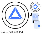 Blue triangular symbol in a circle, accompanied by a blue diamond icon and a rolled-up document with a blue checkmark. Ideal for digital currency, finance, blockchain, online transactions. Blue Triangular Symbol With Circle and Document Icon Set Indicating Cryptocurrency Transactions. Стоковая иллюстрация, агентство Ingram Publishing / Фотобанк Лори
