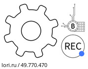 Large gear symbolizes technology and mechanics. Bitcoin symbol connected to circuit represents cryptocurrency. REC button signifies recording or data capture. Ideal for concepts like technology. Gear, Bitcoin Symbol, and REC Button Representing Technology and Cryptocurrency Themes. Стоковая иллюстрация, агентство Ingram Publishing / Фотобанк Лори