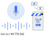 Microphone icon and sound waves on left. Smartphone screen with shopping cart and buy button on right. Translation symbols above. Ideal for e-commerce, voice technology, shopping, translation, app. Voice-Enabled Shopping and Translation with Mobile App Integration. Стоковая иллюстрация, агентство Ingram Publishing / Фотобанк Лори