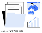 Documents, a folder, a person holding a cash back sign, and a growth chart. Ideal for financial management, savings, document organization, financial growth, and business planning themes. Financial Management Concept with Documents, Cash Back Savings, and Growth Chart. Стоковая иллюстрация, агентство Ingram Publishing / Фотобанк Лори