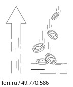 Coins falling next to an upward arrow. Ideal for economic growth, finance, profits, revenue increase, market success. Digital, minimalist style. Economic Growth with Rising Profits and Revenue Graph Symbols, Conceptual Diagram. Стоковая иллюстрация, агентство Ingram Publishing / Фотобанк Лори
