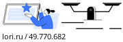 Woman interacts with a star rating on a digital screen and a balanced scale icon. Ideal for user feedback, digital evaluations, online reviews, quality assurance, and fairness. Minimalist vector art. Digital User Engagement Concept Featuring Rating and Balanced Scale Icons. Стоковая иллюстрация, агентство Ingram Publishing / Фотобанк Лори