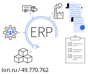 ERP in the center surrounded by icons of a gear, factory, receipts, truck, checklist, and boxes in a minimalistic style. Ideal for highlighting business, logistics, manufacturing, management. Visual Representation of ERP Enterprise Resource Planning Concept with Various Process Icons. Стоковая иллюстрация, агентство Ingram Publishing / Фотобанк Лори