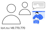 Two line-drawn user icons, a speech bubble with lines representing text, and a person holding a cashback sign. Ideal for customer service, feedback, e-commerce, cashback promotions, and online. Customer Interaction Icons Highlighting Cashback Offers and Customer Feedback. Стоковая иллюстрация, агентство Ingram Publishing / Фотобанк Лори