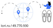 Globe with travel route, map pinpoints, person with suitcase, and shoes. Ideal for travel planning, navigation, adventure, tourism, worldwide destinations. Clear line art style with blue and black. Global Travel Concept with Route Map, Pinpoints, and Traveler. Стоковая иллюстрация, агентство Ingram Publishing / Фотобанк Лори