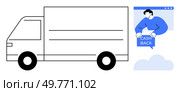 White delivery truck, person on computer screen displaying CASH BACK, and cloud symbol. Ideal for advertising, online shopping, delivery services, e-commerce, and promotions. Simple modern flat. Delivery Truck and Man Announcing Cash Back on Computer Screen with Cloud. Стоковая иллюстрация, агентство Ingram Publishing / Фотобанк Лори