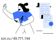 Minimalist drawing of woman rejecting document, holding hand up with lightning symbol on blue shirt. Ideal for contract refusal, disagreement, warning, rejection, caution, vector. Woman Rejecting Document with Symbolic Lighting on Shirt. Стоковая иллюстрация, агентство Ingram Publishing / Фотобанк Лори