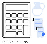 Large calculator with blank display and buttons. Rolling receipt with checkmark. Light blue water jug. Ideal for finance, accounting, budgeting, bookkeeping, and calculations. Simple modern style. Accounting Concept with Calculator and Financial Receipts. Стоковая иллюстрация, агентство Ingram Publishing / Фотобанк Лори
