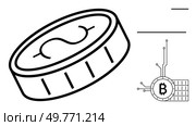 Black and white drawing of a traditional coin with a dollar sign and a digital coin with Bitcoin symbol and tech connections. Ideal for finance, cryptocurrency, digital currency, technology. Cryptocurrency and Blockchain Technology - Digital and Traditional Money Concepts in Simple 2D Style. Стоковая иллюстрация, агентство Ingram Publishing / Фотобанк Лори