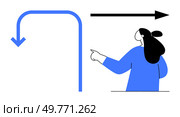Person pointing at one straight and one curved arrow signifies directional change and guidance. Ideal for business strategy, career change, navigation, decision-making, and life transitions. Modern. Person Pointing at Two Arrows Indicating Change in Direction. Стоковая иллюстрация, агентство Ingram Publishing / Фотобанк Лори