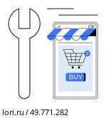 Large wrench beside a mobile device with an online shopping cart and buy button. Ideal for e-commerce, mobile apps, online shopping, digital marketing, and technical support themes. Minimalist. Online Shopping App with E-commerce Tools and Services Enhancements. Стоковая иллюстрация, агентство Ingram Publishing / Фотобанк Лори
