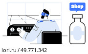 Air traffic controller in uniform monitors screens and controls. Ideal for aviation safety, air traffic management, pilot training, airport operations, and transportation. Minimalistic, modern. Air Traffic Controller Monitoring Airspace in Control Tower. Стоковая иллюстрация, агентство Ingram Publishing / Фотобанк Лори