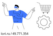 Person wearing VR headset pointing in different directions. Includes shopping cart and gear icon. Ideal for technology, virtual shopping, e-commerce, innovation, and digital transformation. Simple. Person Using Virtual Reality with Shopping Cart and Gear Icon. Стоковая иллюстрация, агентство Ingram Publishing / Фотобанк Лори