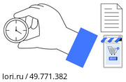 Hand holding a clock next to a document and a smartphone displaying an online shopping cart with a BUY button. Ideal for time management, productivity, task prioritization, scheduling, and online. Hand Holding Clock Symbolizing Time Management with Document and Online Shopping Elements. Стоковая иллюстрация, агентство Ingram Publishing / Фотобанк Лори