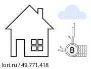 Outline of a house, cloud icon with a Bitcoin symbol circuit. Ideal for real estate, blockchain technology, digital finance, cryptocurrency, smart homes. Simplistic modern vector style. House and Bitcoin Technology with Cloud - Real Estate and Blockchain Concept. Стоковая иллюстрация, агентство Ingram Publishing / Фотобанк Лори