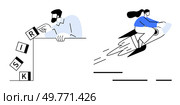 Man pushes blocks spelling risk off a ledge while a woman rides a rocket representing risk-taking and innovation. Ideal for business, motivation, risk management, innovation, and entrepreneurship. Man Knocking Over Risk Blocks and Woman Riding Rocket for Concept of Risk and Innovation. Стоковая иллюстрация, агентство Ingram Publishing / Фотобанк Лори