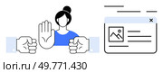 Woman with raised hand and two fists on either side, next to a minimized web page. Ideal for online safety, harassment prevention, digital protection, user moderation, and cyberbullying awareness. Preventing Online Harassment with Stronger Moderation. Стоковая иллюстрация, агентство Ingram Publishing / Фотобанк Лори