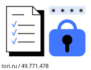 Document with three checkmarks and a blue lock with a password field above. Ideal for themes like cybersecurity, data protection, privacy, safety measures, and secure information handling. Modern. Checklist with Secured Lock and Password Symbol for Cybersecurity and Data Protection. Стоковая иллюстрация, агентство Ingram Publishing / Фотобанк Лори