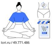 A woman in a meditative yoga pose. Nearby are symbols of weight loss tracking and online shopping. Ideal for wellness e-commerce yoga meditation fitness healthy lifestyle calm mind. Woman Meditating with Online Shopping and Fitness Tracking Elements. Стоковая иллюстрация, агентство Ingram Publishing / Фотобанк Лори