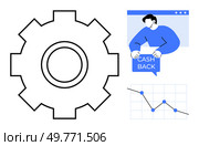 Large gear shape, person holding a cashback message, and a declining graph. Ideal for business, finance, savings, economic trends, and marketing. Modern, minimalist, clean style. Gear Symbol with Cashback Message and Falling Graph in a Minimalist Design. Стоковая иллюстрация, агентство Ingram Publishing / Фотобанк Лори