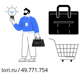 Person holding a light bulb and briefcase emphasizes business ideas. Briefcase and shopping cart reinforce business themes. Ideal for business, innovation, entrepreneurship, shopping, and commerce. Businessman Holding Light Bulb with Briefcase and Shopping Cart. Стоковая иллюстрация, агентство Ingram Publishing / Фотобанк Лори