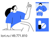 Minimalist style image with a seated character pointing upwards, an individual holding a cash back sign in a browser window, and medication icon. Ideal for finance health promotion e-commerce digital. Cash Back Incentive and Medical Services Concept with Minimalist Character Gestures. Стоковая иллюстрация, агентство Ingram Publishing / Фотобанк Лори
