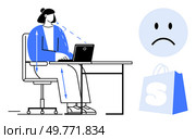 A person sits at a desk using a laptop, arrows indicating discomfort or strain. Nearby, a sad face and a bag with an S are visible. Ideal for health, technology, ergonomics, emotions, workplace. Person Using Laptop With Sad Face And Shopping Bag Nearby, Highlighting Discomfort. Стоковая иллюстрация, агентство Ingram Publishing / Фотобанк Лори