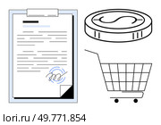A signed contract, a coin, and a shopping cart. Ideal for finance, shopping, contracts, currency, and business. The image uses a minimalist, modern, vector style with black, white, and blue. Financial Document, Coin, and Shopping Cart in Minimalist Black and White Style. Стоковая иллюстрация, агентство Ingram Publishing / Фотобанк Лори