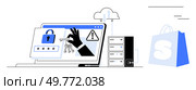 Laptop screen shows password entry and key theft, with a warning sign and cloud icon. Ideal for digital security, data protection, e-commerce, cybercrime awareness, cloud computing. Colourful line. Digital Security Breach on E-commerce Platform with Cloud and Server Components. Стоковая иллюстрация, агентство Ingram Publishing / Фотобанк Лори