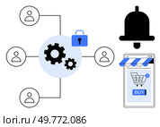 Connected users around central gears illustrating collaboration, secured by lock symbol. Online shopping cart on smartphone with notification bell emphasizing e-commerce. Ideal for e-commerce. Online Shopping System with User Connections and Security Features Highlighted. Стоковая иллюстрация, агентство Ingram Publishing / Фотобанк Лори