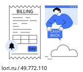 Minimalistic style design showing a billing receipt with a due payment option alongside a person highlighting a cash back offer. Ideal for online transactions, digital invoicing, payment reminders. Cash Back Billing in Simplified Style for Digital Transactions and Online Payments. Стоковая иллюстрация, агентство Ingram Publishing / Фотобанк Лори