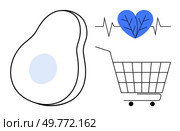 Simplified art of an avocado with blue pit, heartbeat line with blue heart symbol, and shopping cart. Ideal for health, nutrition, grocery shopping, wellness, and healthy lifestyle themes. Modern. Simplified Art Featuring Healthy Food, Heartbeat Line, and Shopping Cart. Стоковая иллюстрация, агентство Ingram Publishing / Фотобанк Лори