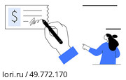 Hand holding pen signs check as person points in minimalistic drawing. Ideal for banking, finance, transactions, instructions, and agreements. Person Signing a Check with Pen and Instructing Individual in Simple Minimalistic Drawing. Стоковая иллюстрация, агентство Ingram Publishing / Фотобанк Лори