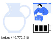 Person holds cashback sign in speech bubble while another jug is filled with liquid and a battery icon. Ideal for financial savings, online transactions, energy conservation, minimalistic design. Person Announcing Cashback with Milk Jug and Battery Icon in Minimalistic Design. Стоковая иллюстрация, агентство Ingram Publishing / Фотобанк Лори