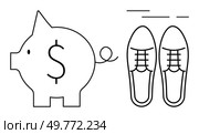 A minimalistic piggy bank with a dollar sign on its side is shown next to a pair of shoes. Ideal for finance, savings, investments, personal finance management, and budgeting themes. Line art style. Simple Line Art of a Piggy Bank and Pair of Shoes with Dollar Sign. Стоковая иллюстрация, агентство Ingram Publishing / Фотобанк Лори