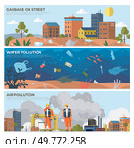 Three scenes showcasing urban environmental pollution littered streets in the city, underwater trash affecting marine life, and factory emissions causing air pollution. Ideal for environmental. Illustrating Environmental Pollution Trash on Streets, Water Contamination, and Air Quality Issues in Urban Areas. Стоковая иллюстрация, агентство Ingram Publishing / Фотобанк Лори