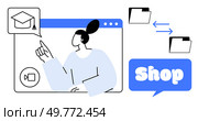 Person pointing at graduation cap icon on a web page. Two folders with bidirectional arrows indicate file sharing. A speech bubble with the word Shop. Ideal for online learning, e-commerce, digital. Online Learning and E-commerce - Concept of Digital Education with File Sharing and Shopping Features. Стоковая иллюстрация, агентство Ingram Publishing / Фотобанк Лори